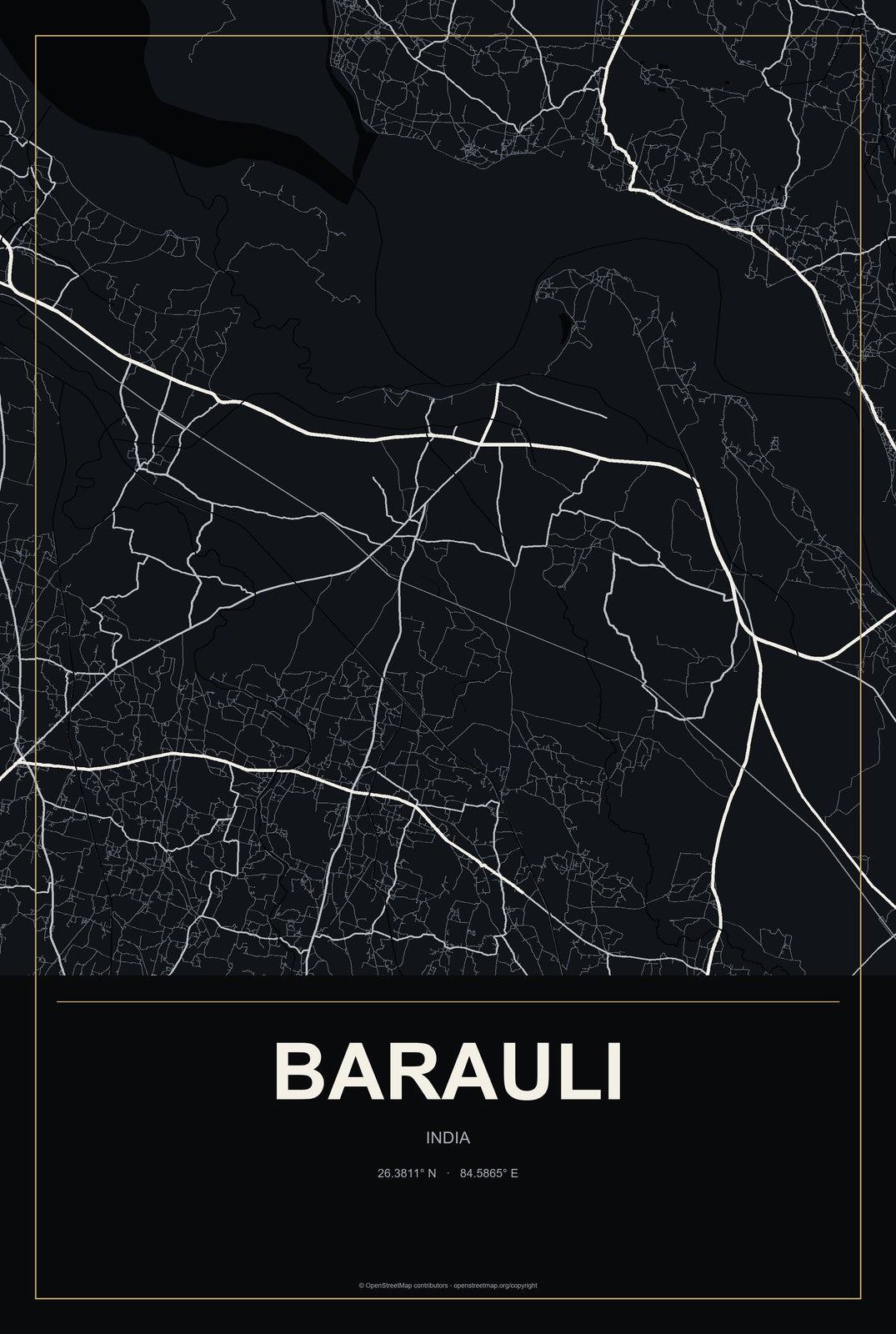 Barauli, India City Map Aluminum Sign in Metropolitan Noir style