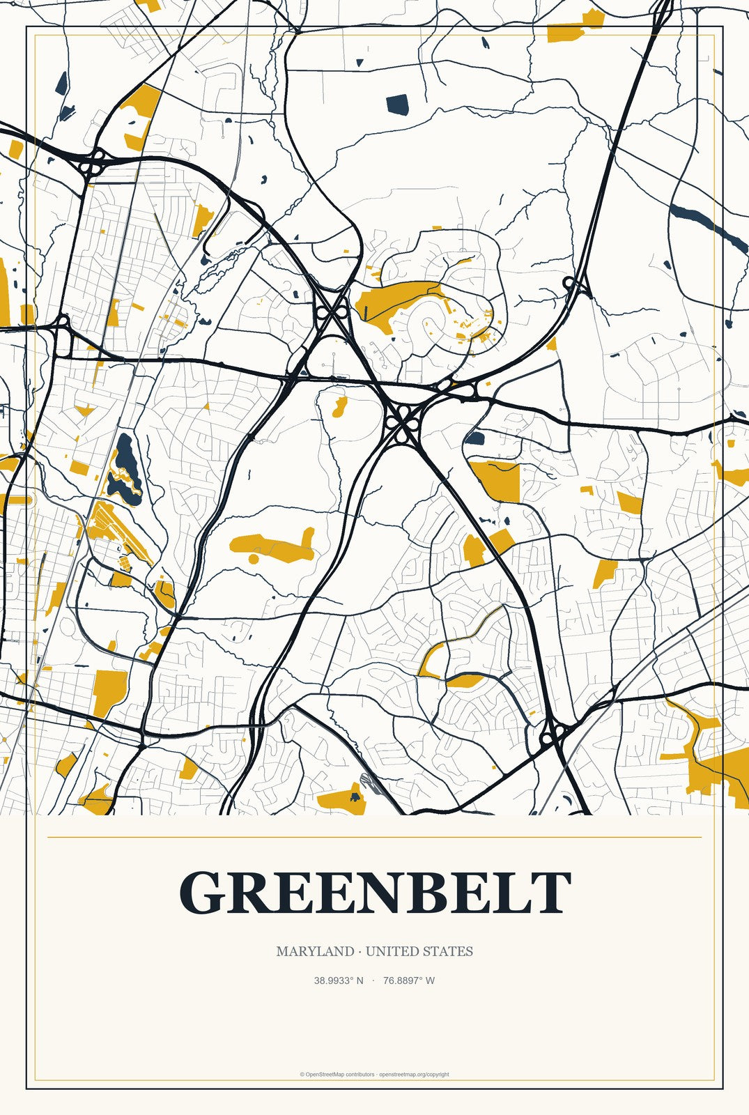 Greenbelt, Maryland City Map Aluminum Sign in Citrine Modern style