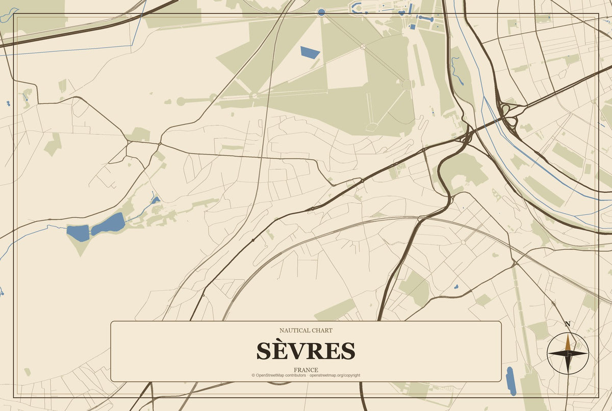 Sèvres, France City Map Aluminum Sign in Heritage Nautical style