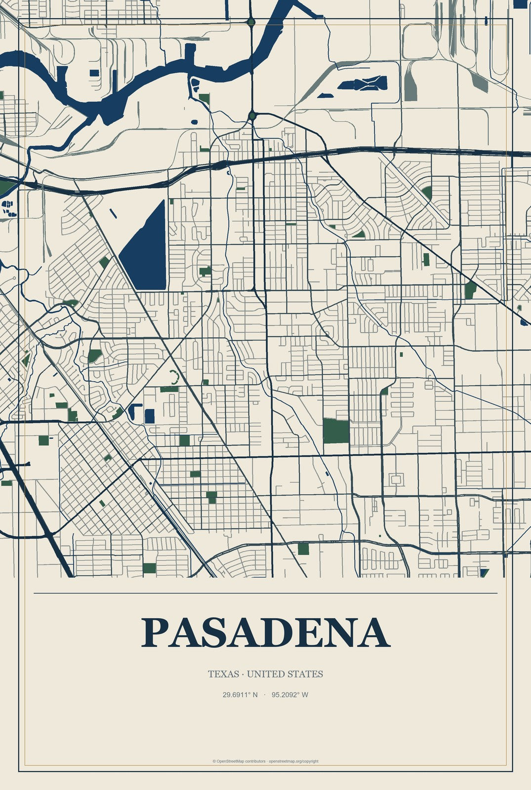 Pasadena, Texas City Map Aluminum Sign in Coastal Cutout style