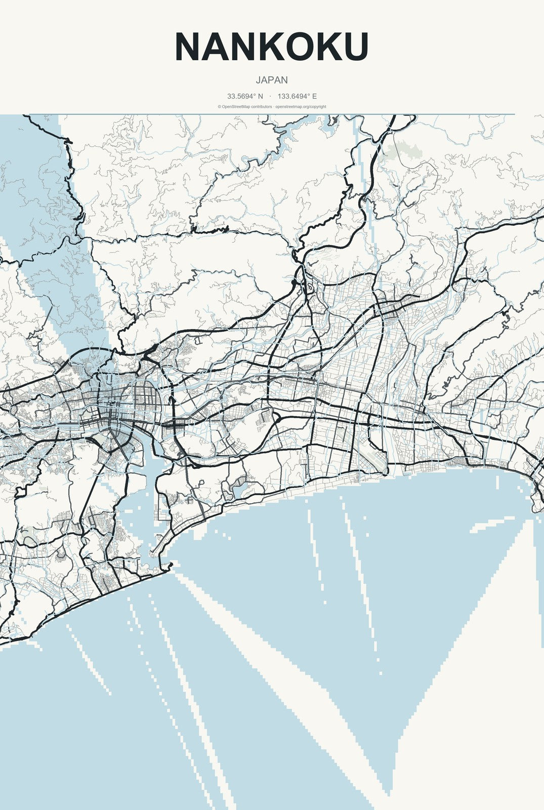 Nankoku, Japan City Map Aluminum Sign in Headline Atlas style