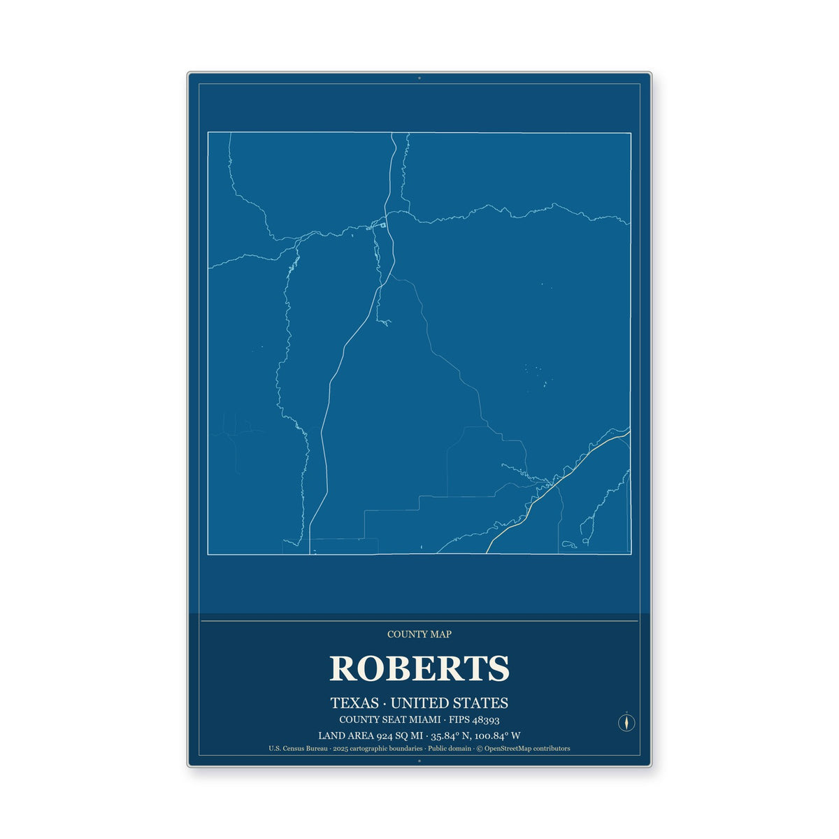 Roberts County, Texas Map Aluminum Sign in Harbor Cobalt style