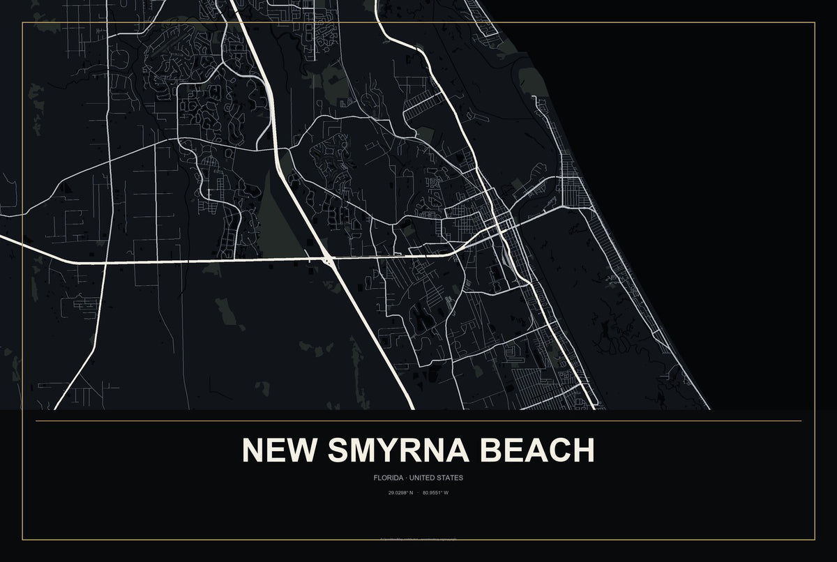 New Smyrna Beach, Florida City Map Aluminum Sign in Metropolitan Noir style