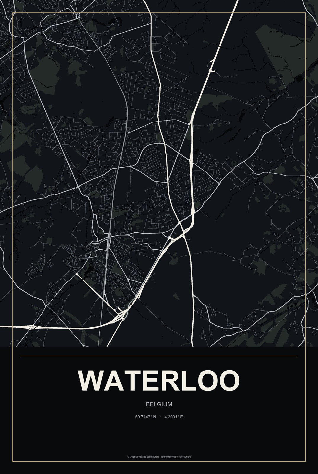 Waterloo, Belgium City Map Aluminum Sign in Metropolitan Noir style