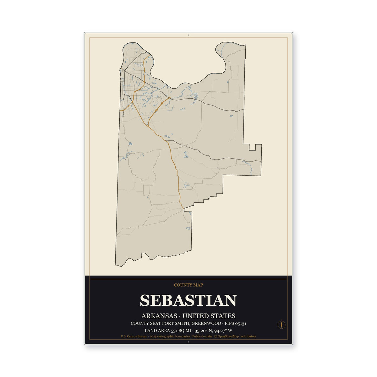 Sebastian County, Arkansas Map Aluminum Sign in Museum Plaque style