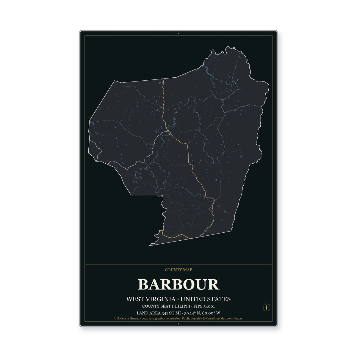 Barbour County, West Virginia Map Aluminum Sign in Metropolitan Noir style