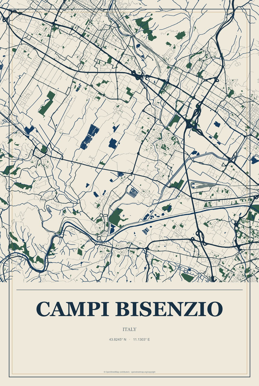 Campi Bisenzio, Italy City Map Aluminum Sign in Coastal Cutout style