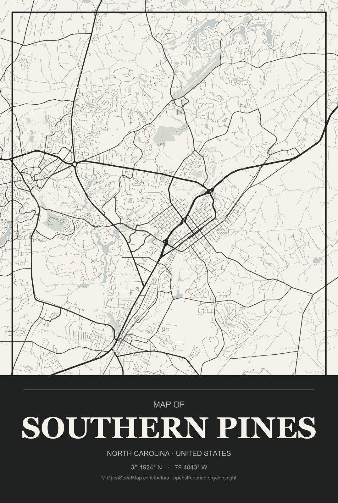 Southern Pines, North Carolina City Map Aluminum Sign in Museum Plaque style