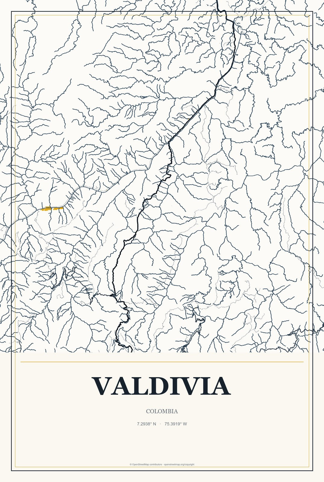 Valdivia, Colombia City Map Aluminum Sign in Citrine Modern style