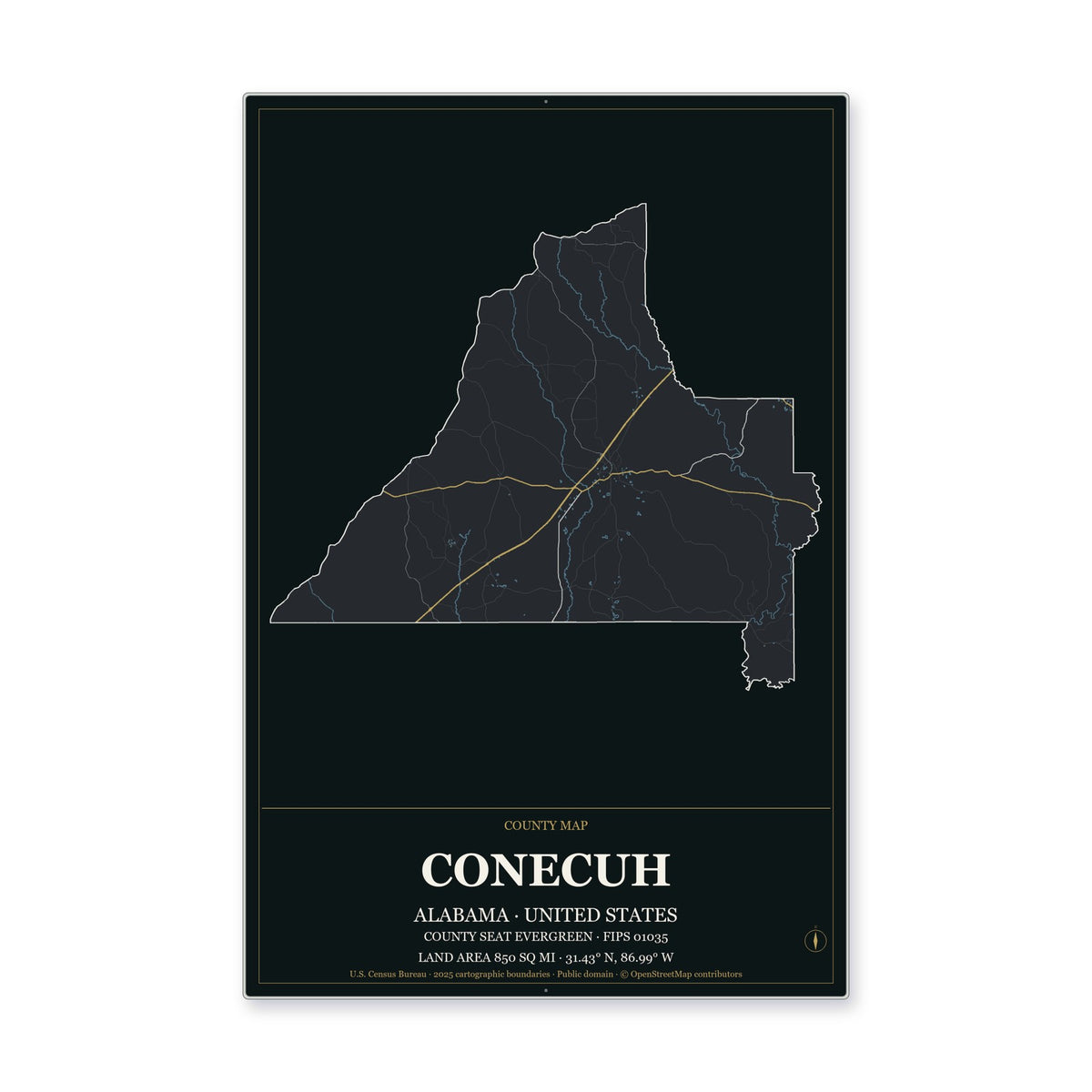 Conecuh County, Alabama Map Aluminum Sign in Metropolitan Noir style