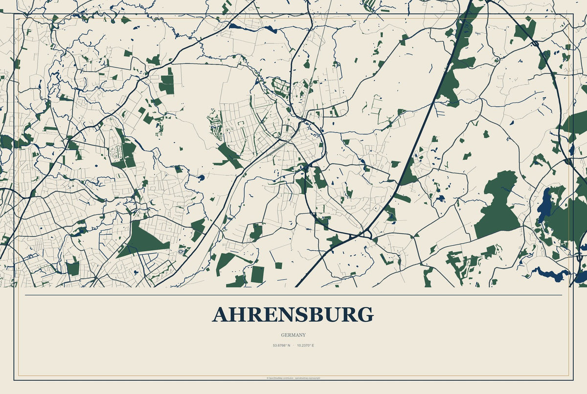 Ahrensburg, Germany City Map Aluminum Sign in Coastal Cutout style
