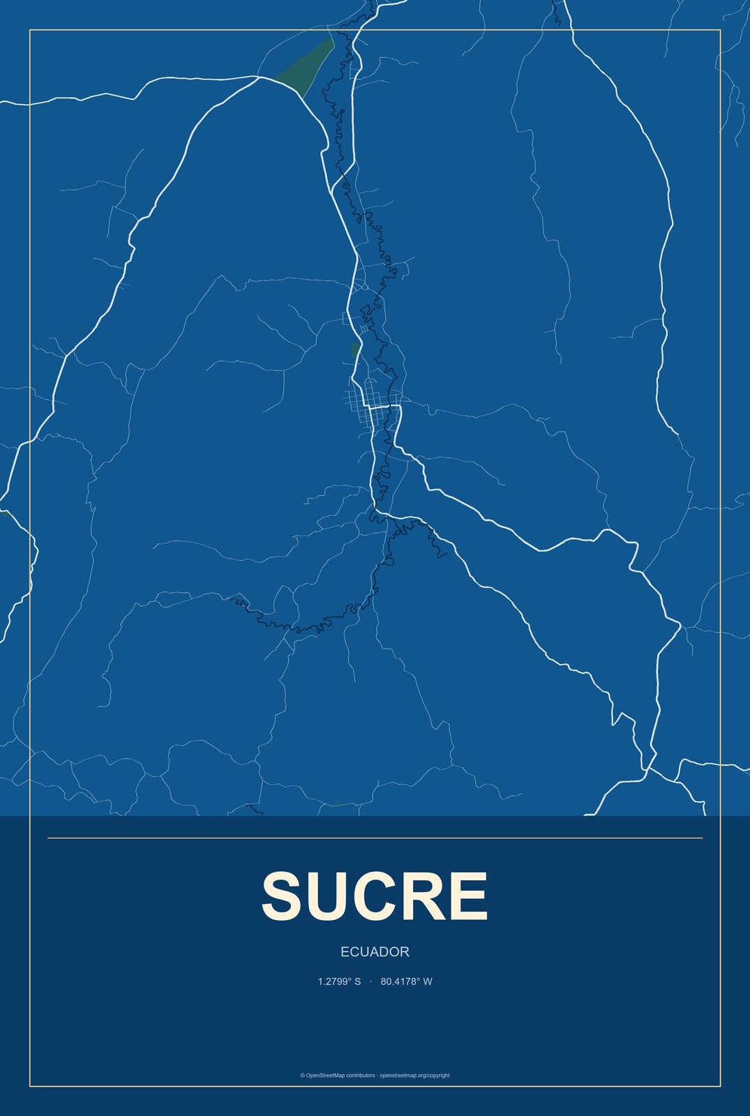 Sucre, Ecuador City Map Aluminum Sign in Harbor Cobalt style