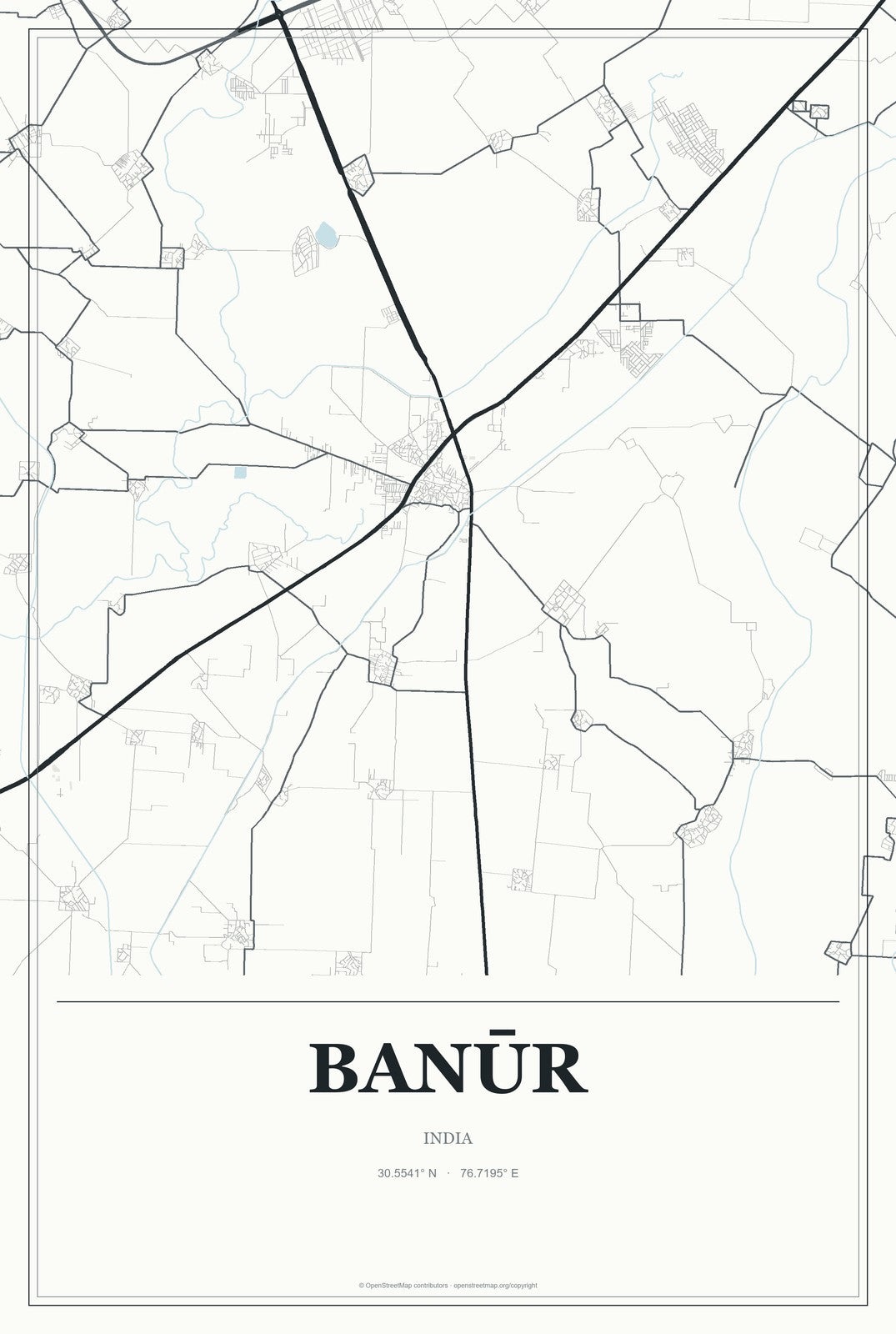 Banūr, India City Map Aluminum Sign in Gallery Air style