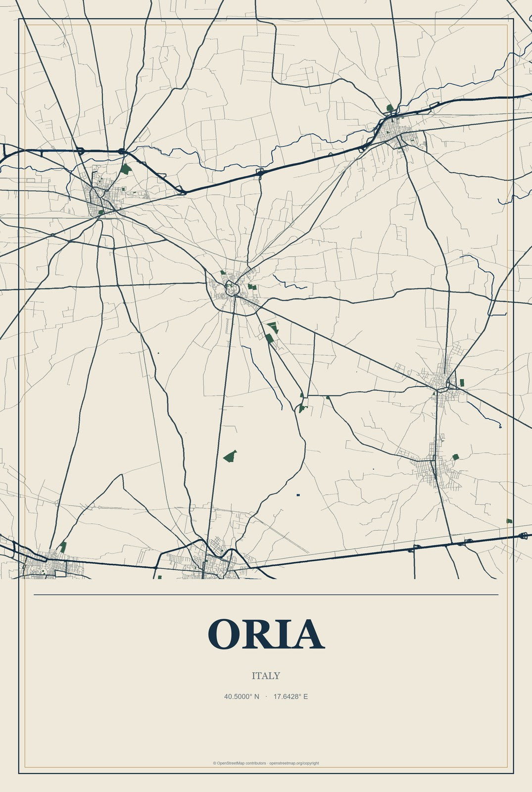 Oria, Italy City Map Aluminum Sign in Coastal Cutout style