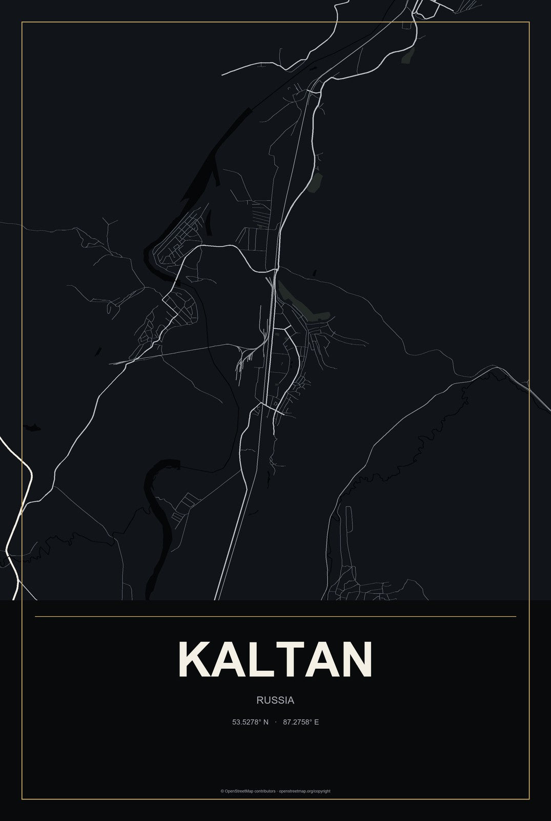 Kaltan, Russia City Map Aluminum Sign in Metropolitan Noir style