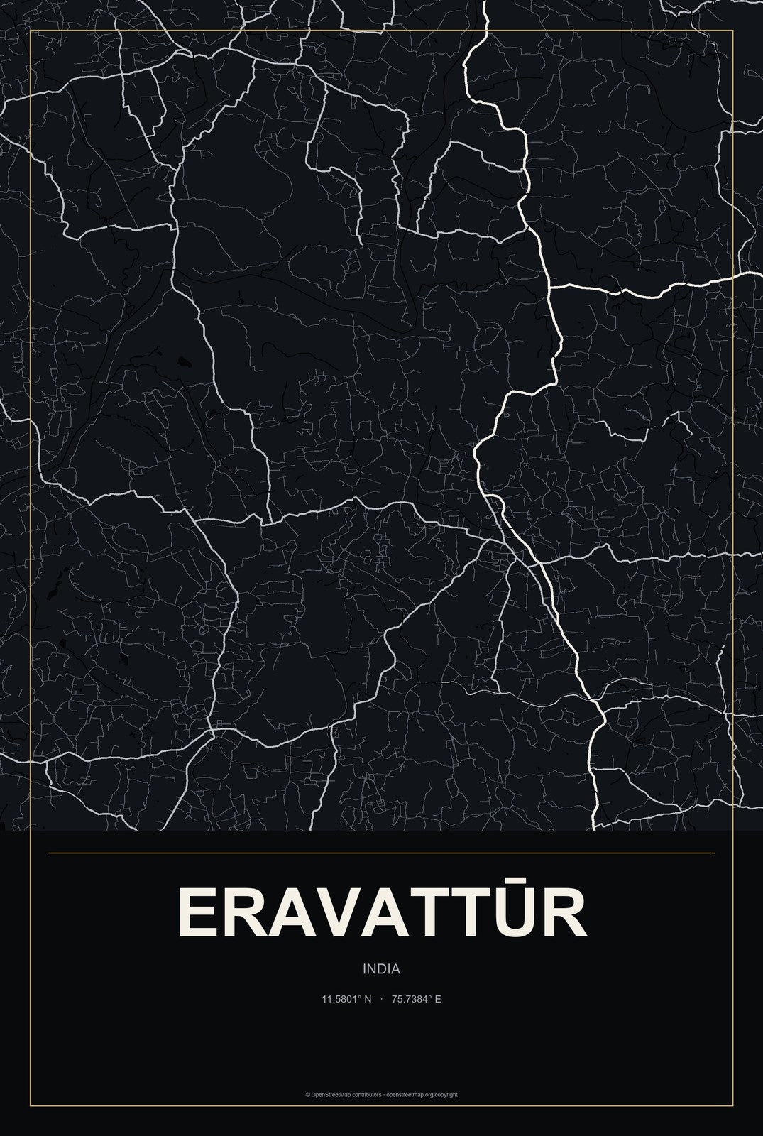 Eravattūr, India City Map Aluminum Sign in Metropolitan Noir style