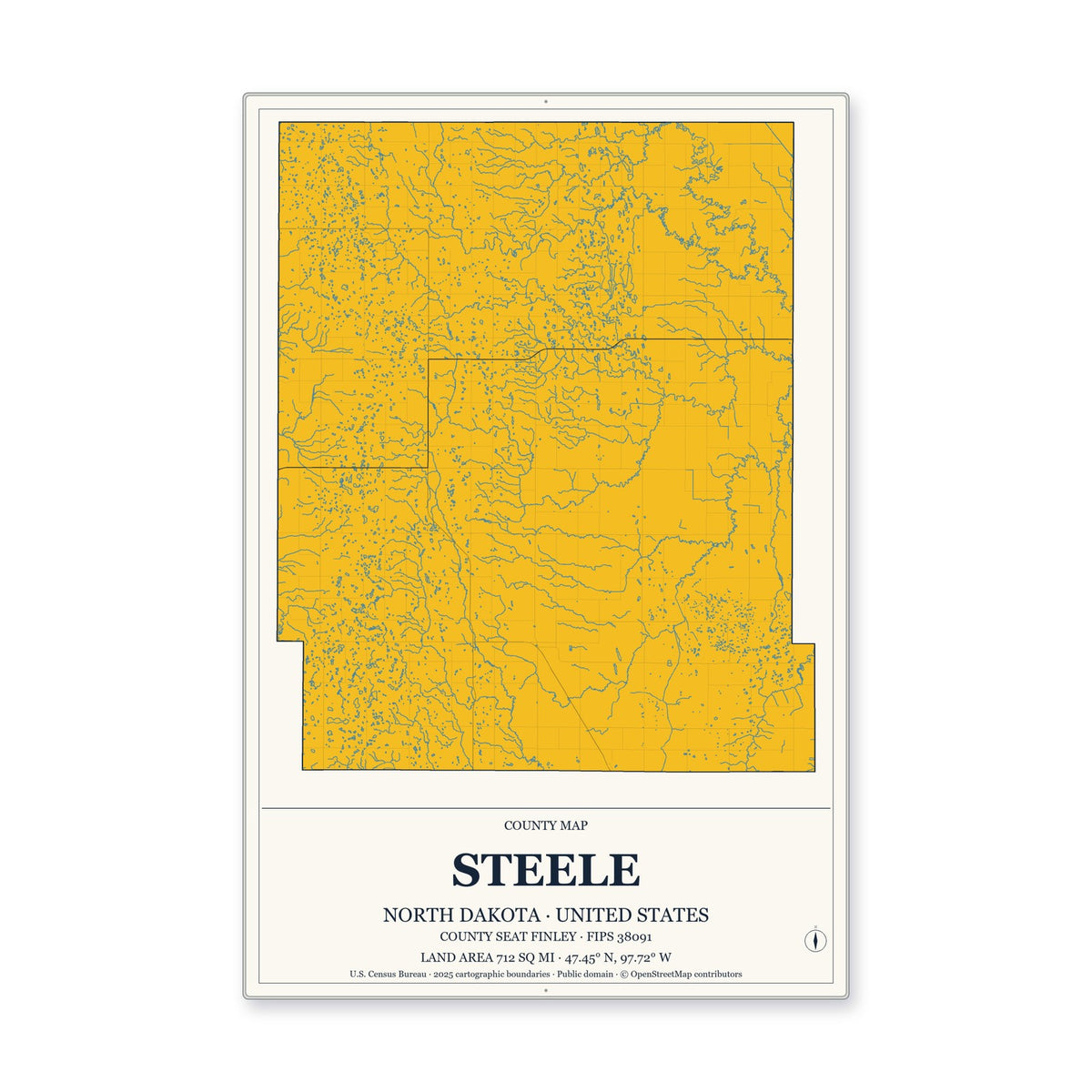 Steele County, North Dakota Map Aluminum Sign in Citrine Modern style