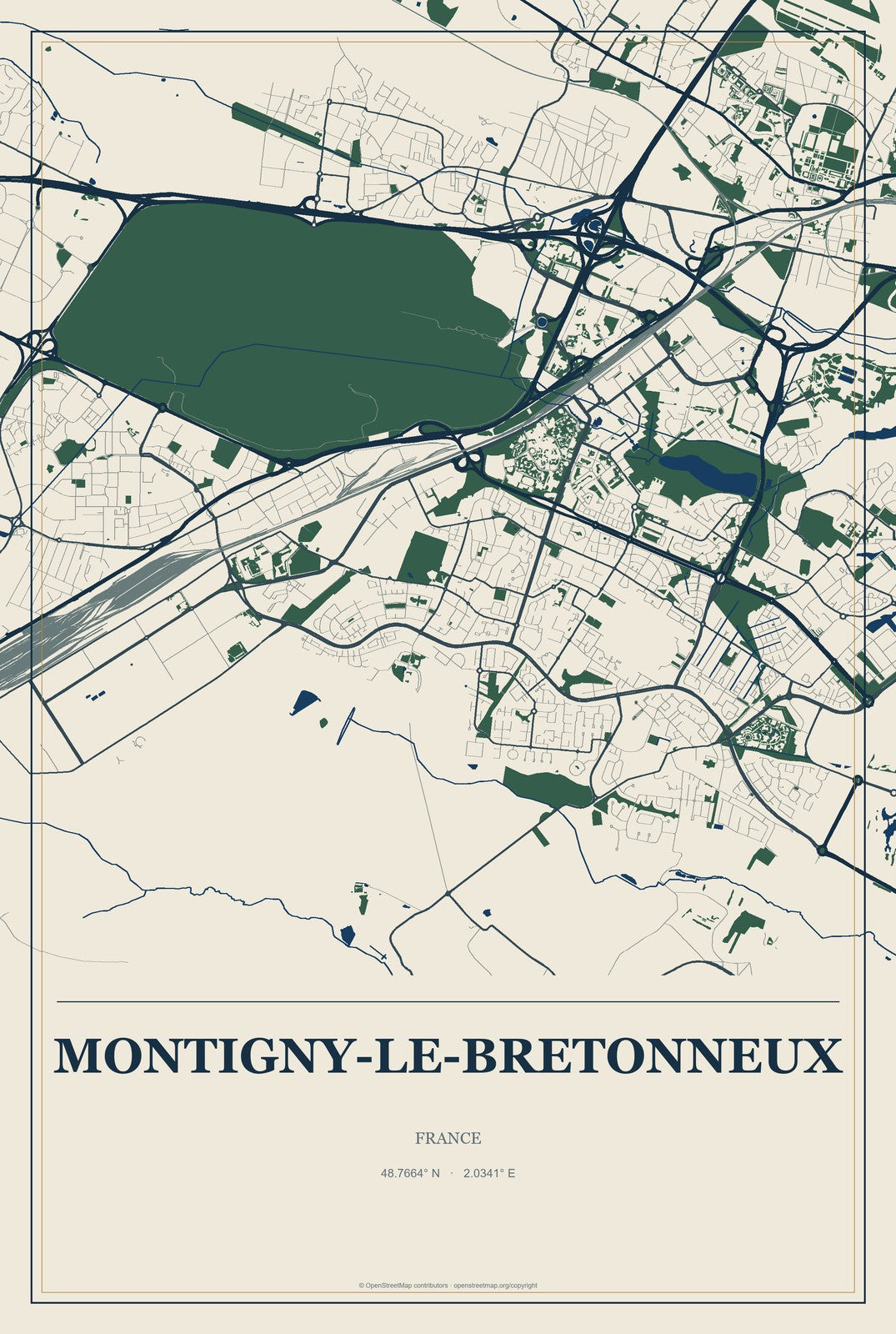 Montigny-le-Bretonneux, France City Map Aluminum Sign in Coastal Cutout style