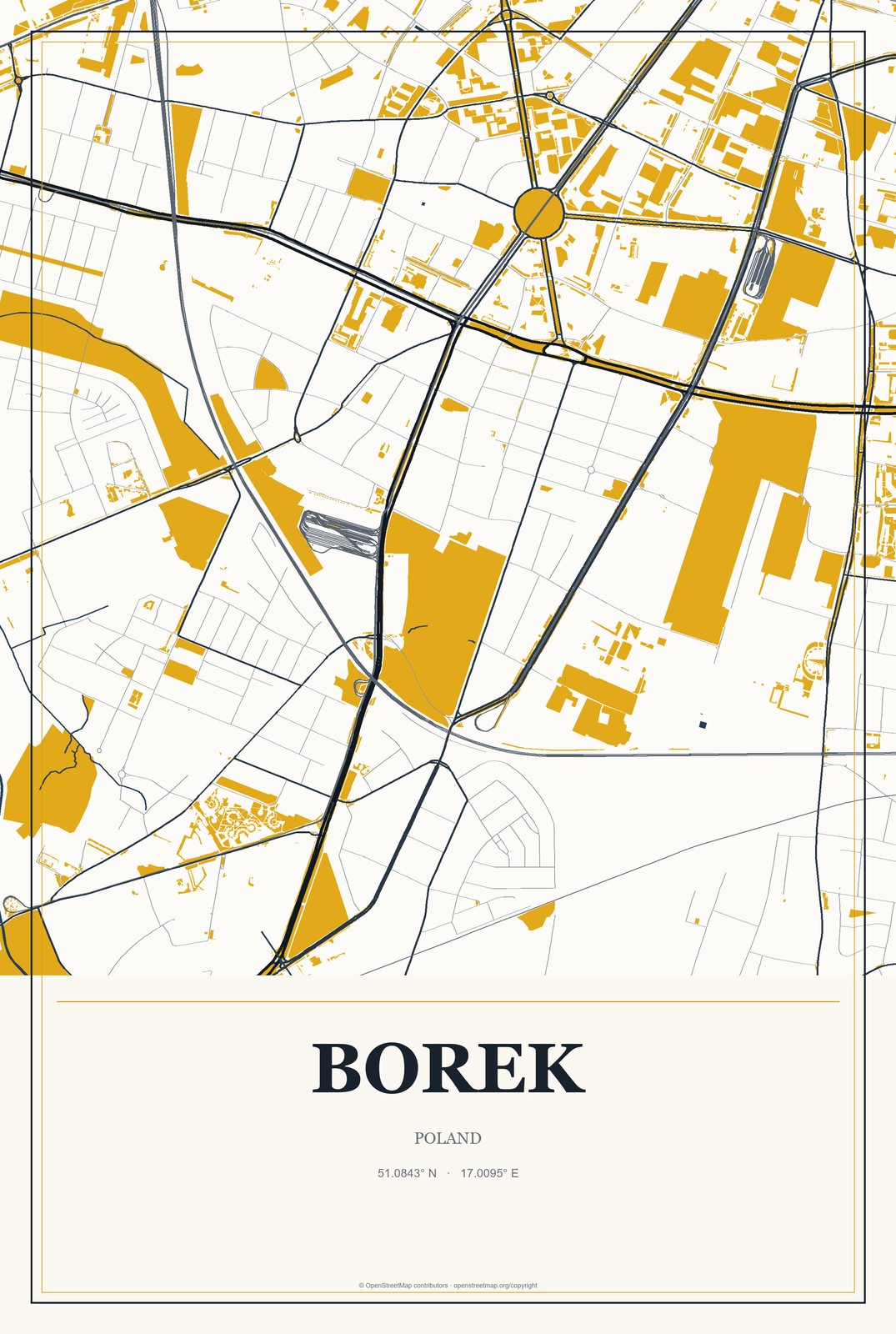 Borek, Poland City Map Aluminum Sign in Citrine Modern style