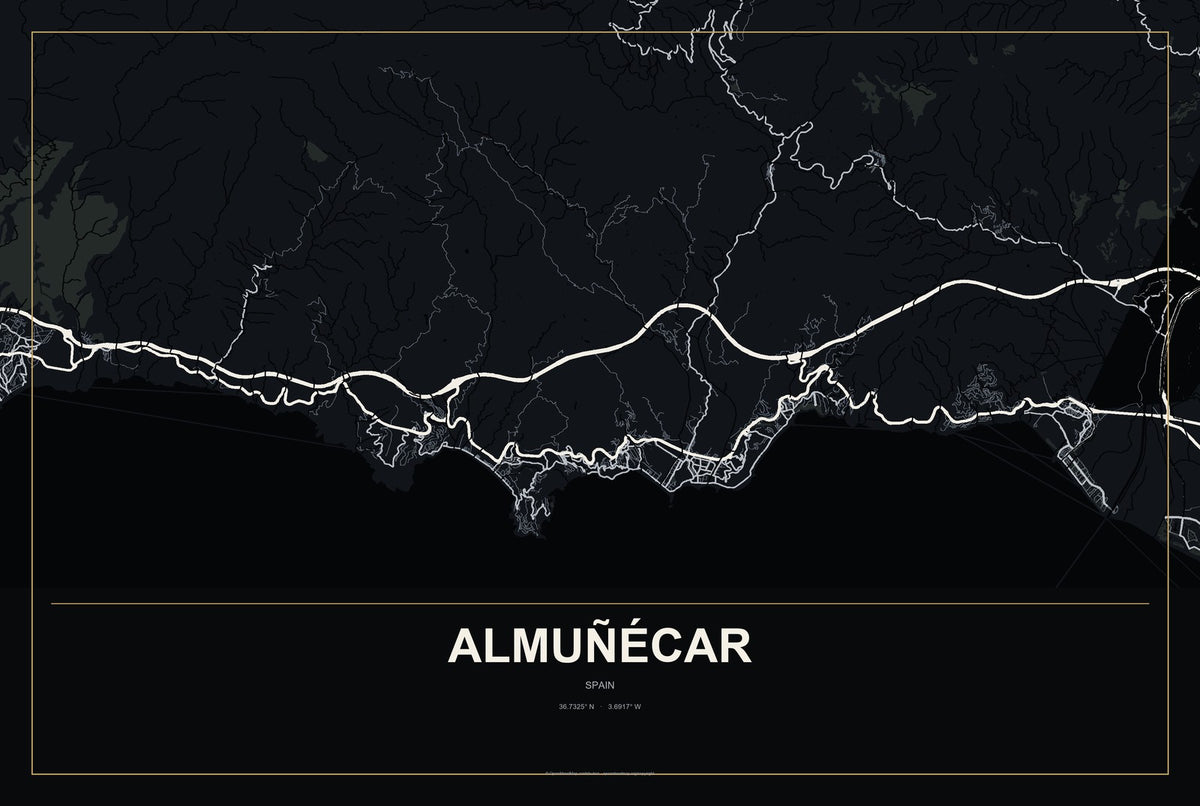 Almuñécar, Spain City Map Aluminum Sign in Metropolitan Noir style