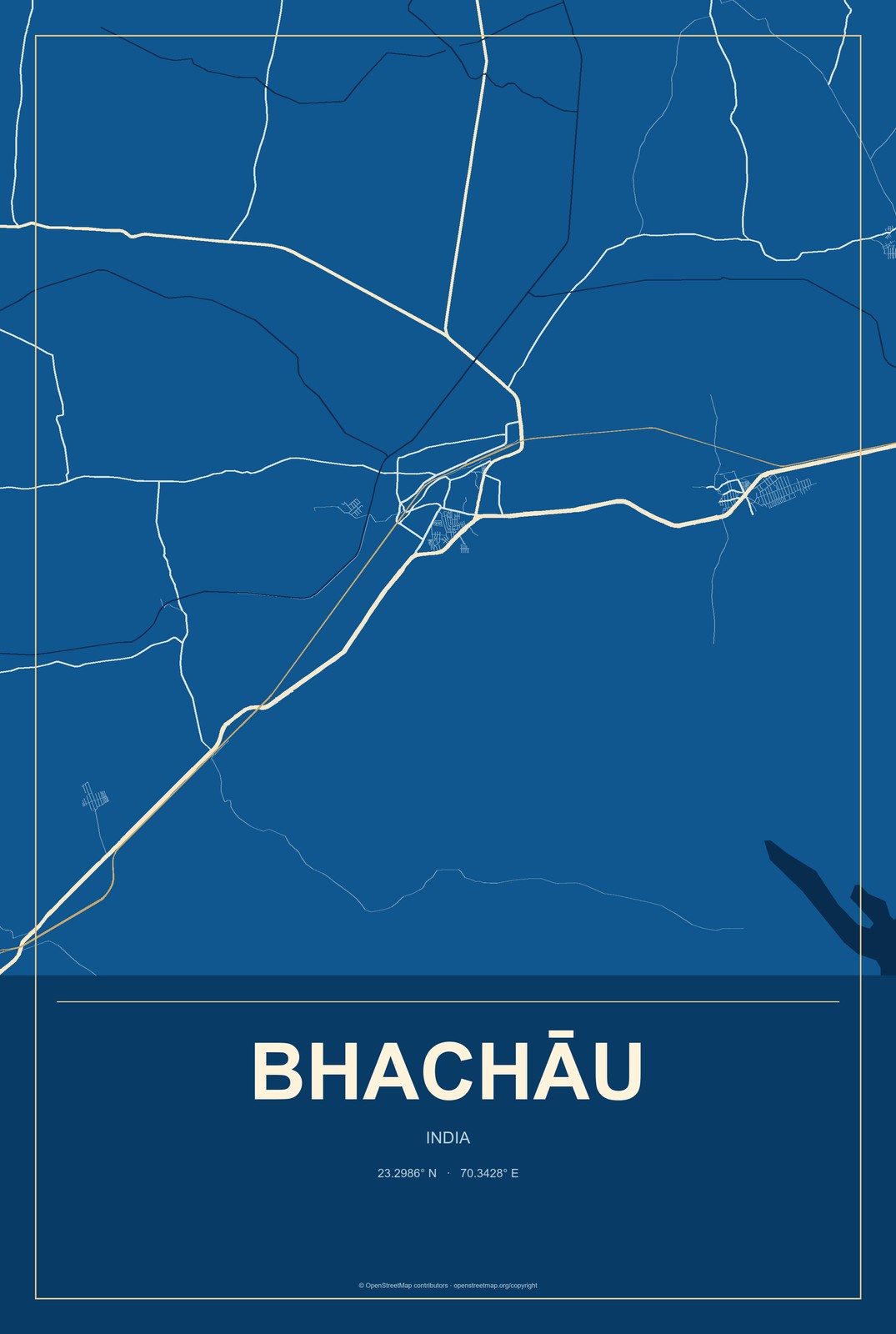 Bhachāu, India City Map Aluminum Sign in Harbor Cobalt style