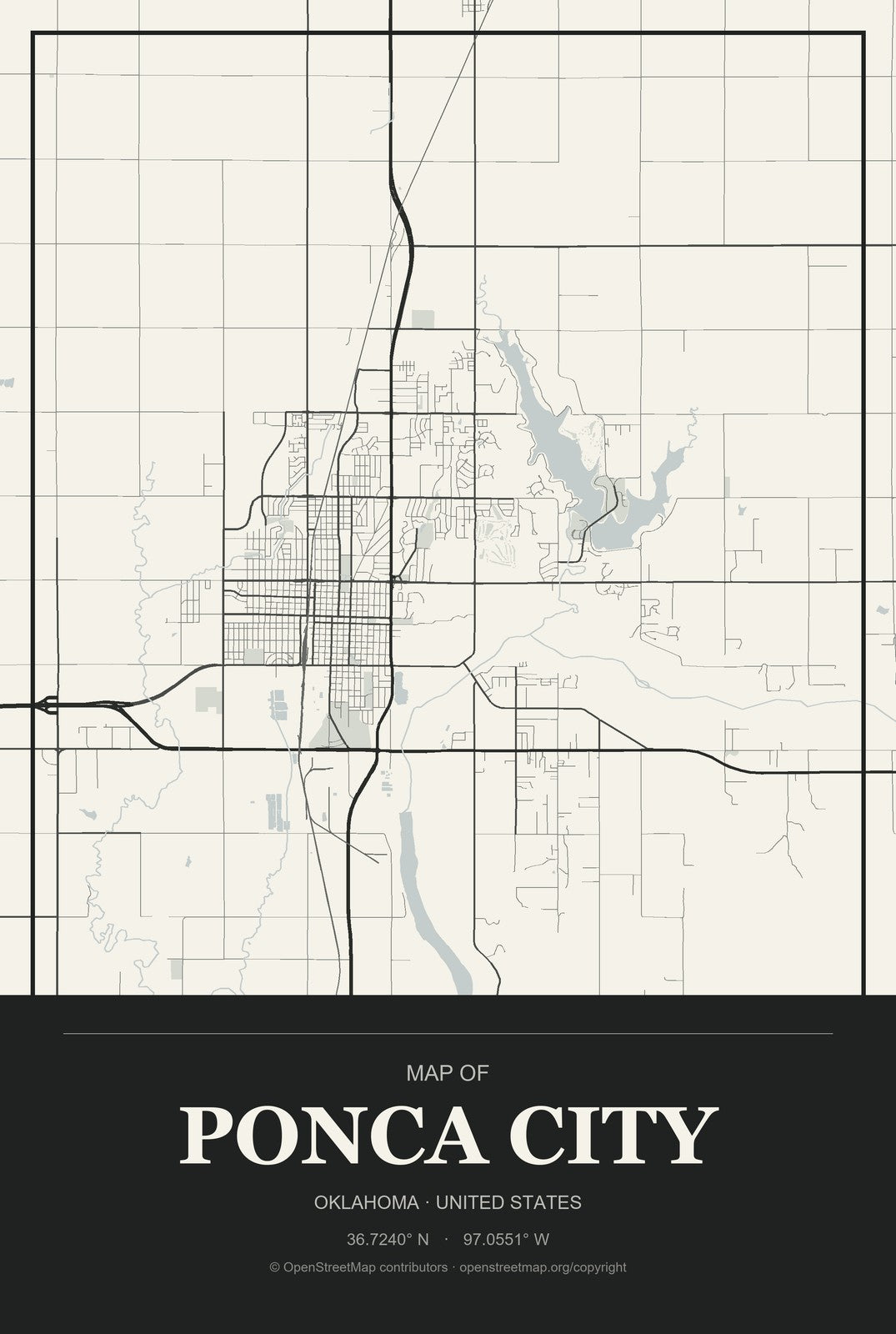 Ponca City, Oklahoma City Map Aluminum Sign in Museum Plaque style