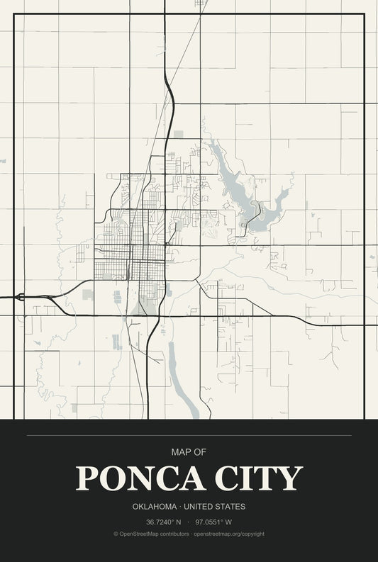 Ponca City, Oklahoma City Map Aluminum Sign in Museum Plaque style