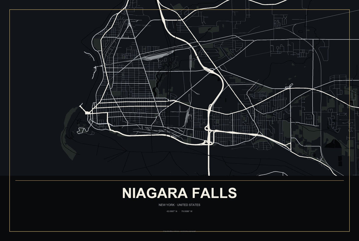 Niagara Falls, New York City Map Aluminum Sign in Metropolitan Noir style