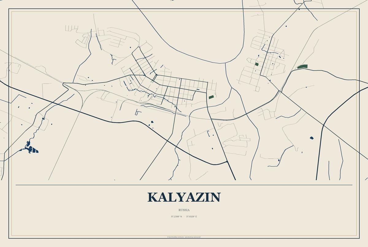 Kalyazin, Russia City Map Aluminum Sign in Coastal Cutout style