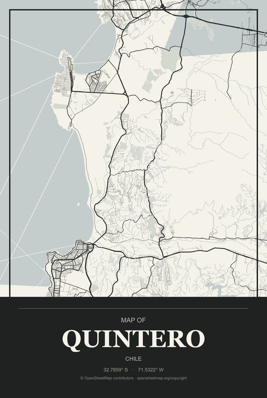 Quintero, Chile City Map Aluminum Sign in Museum Plaque style