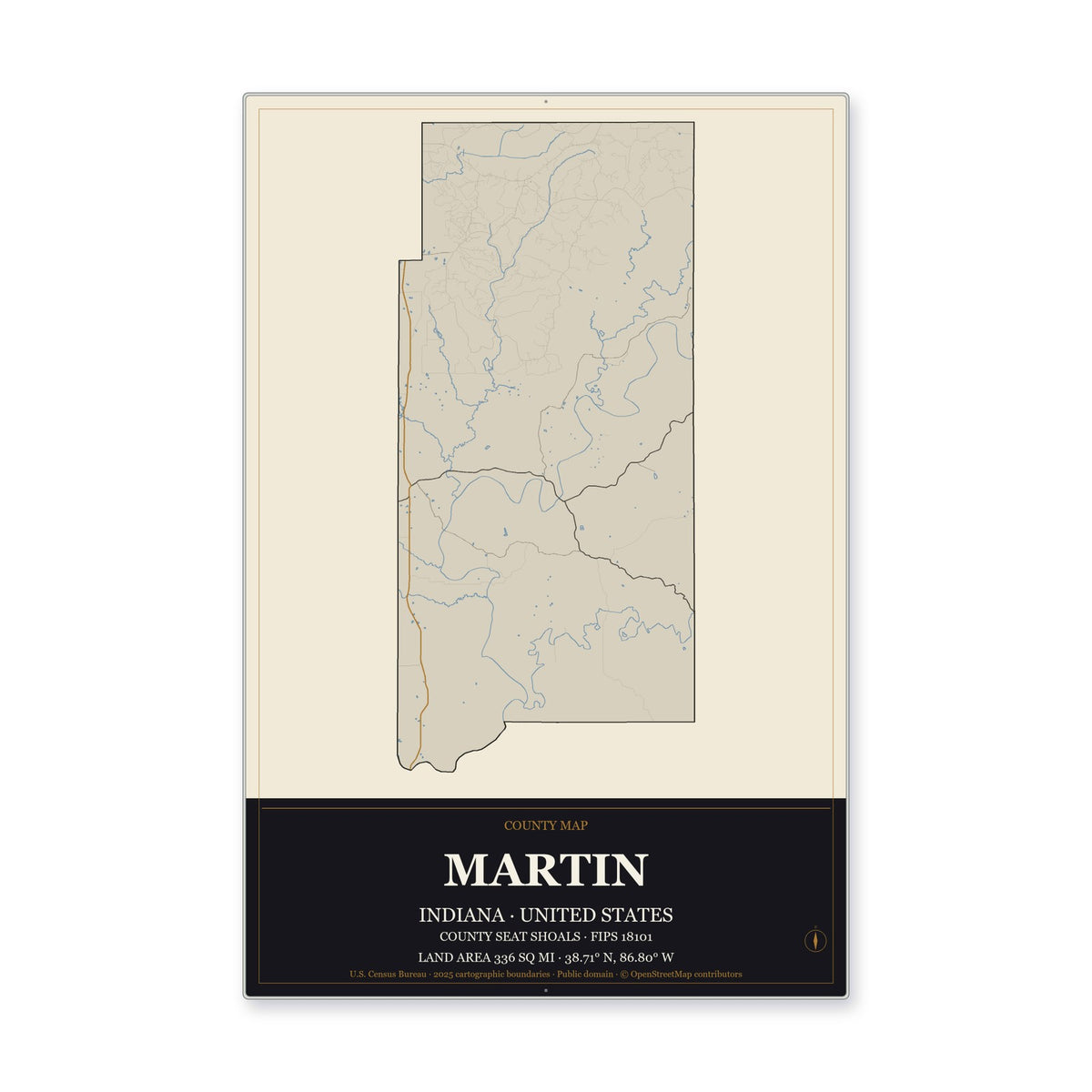 Martin County, Indiana Map Aluminum Sign in Museum Plaque style