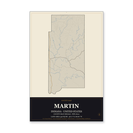 Martin County, Indiana Map Aluminum Sign in Museum Plaque style