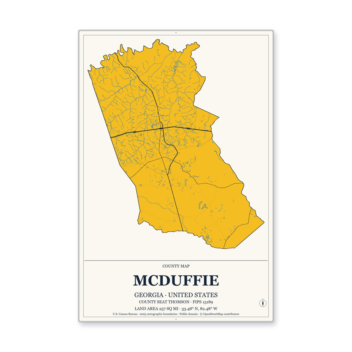 McDuffie County, Georgia Map Aluminum Sign in Citrine Modern style