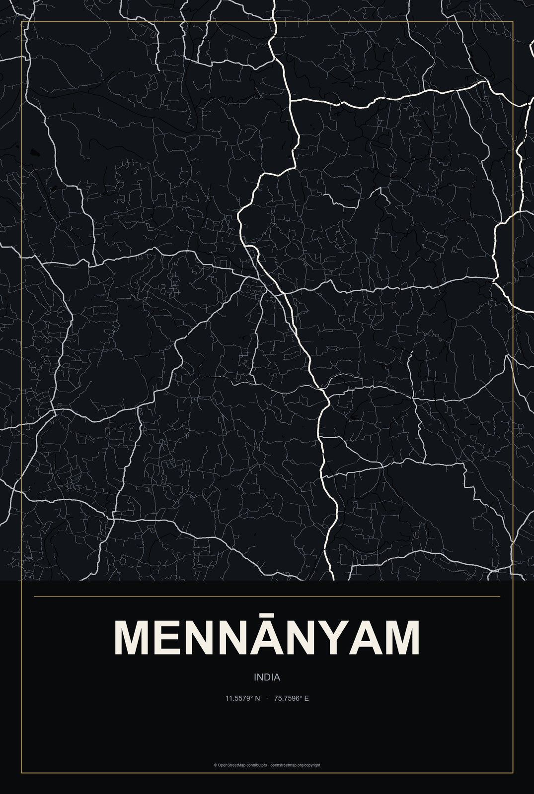Mennānyam, India City Map Aluminum Sign in Metropolitan Noir style