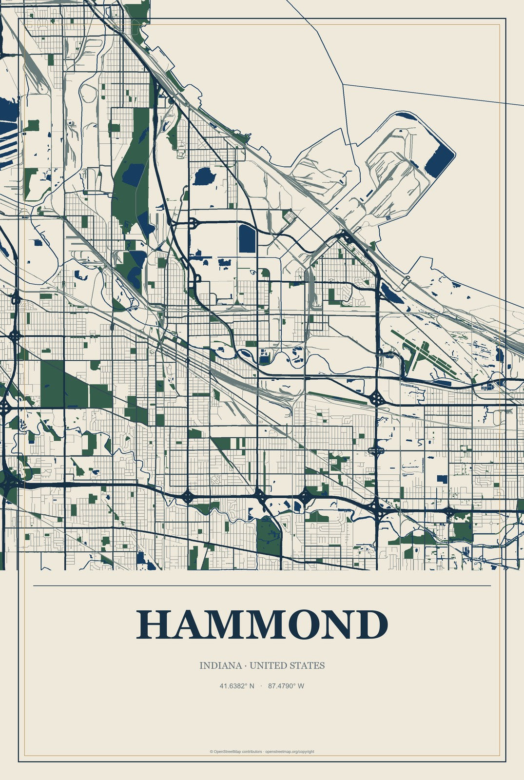 Hammond, Indiana City Map Aluminum Sign in Coastal Cutout style