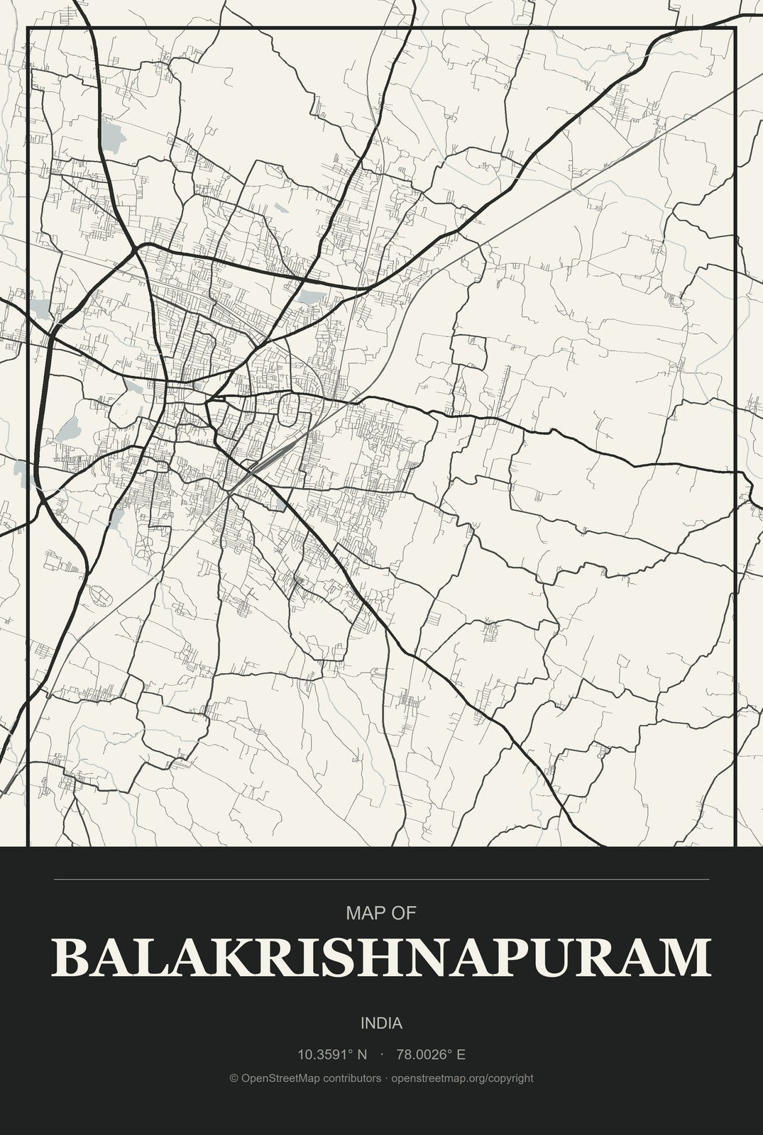 Balakrishnapuram, India City Map Aluminum Sign in Museum Plaque style