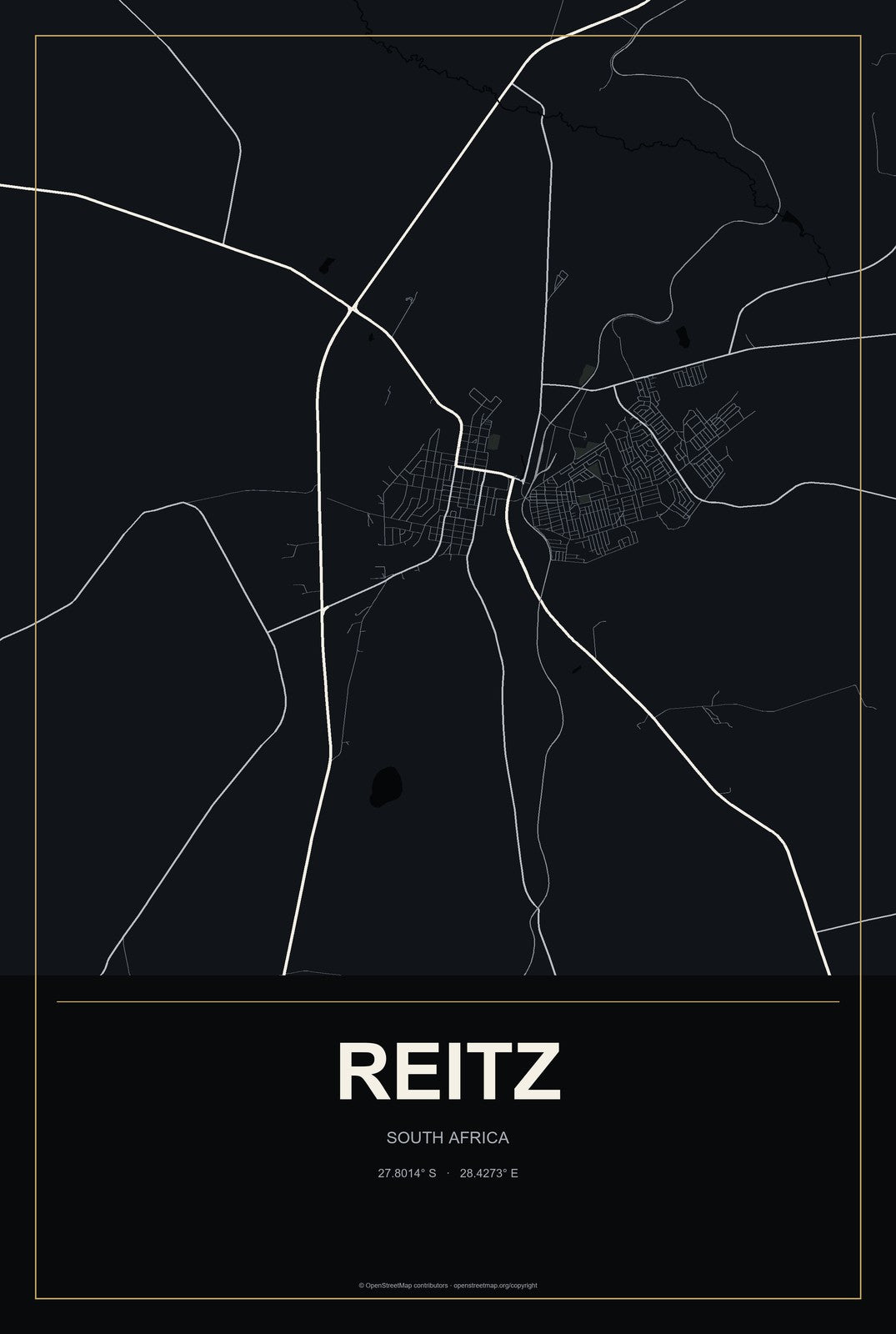 Reitz, South Africa City Map Aluminum Sign in Metropolitan Noir style