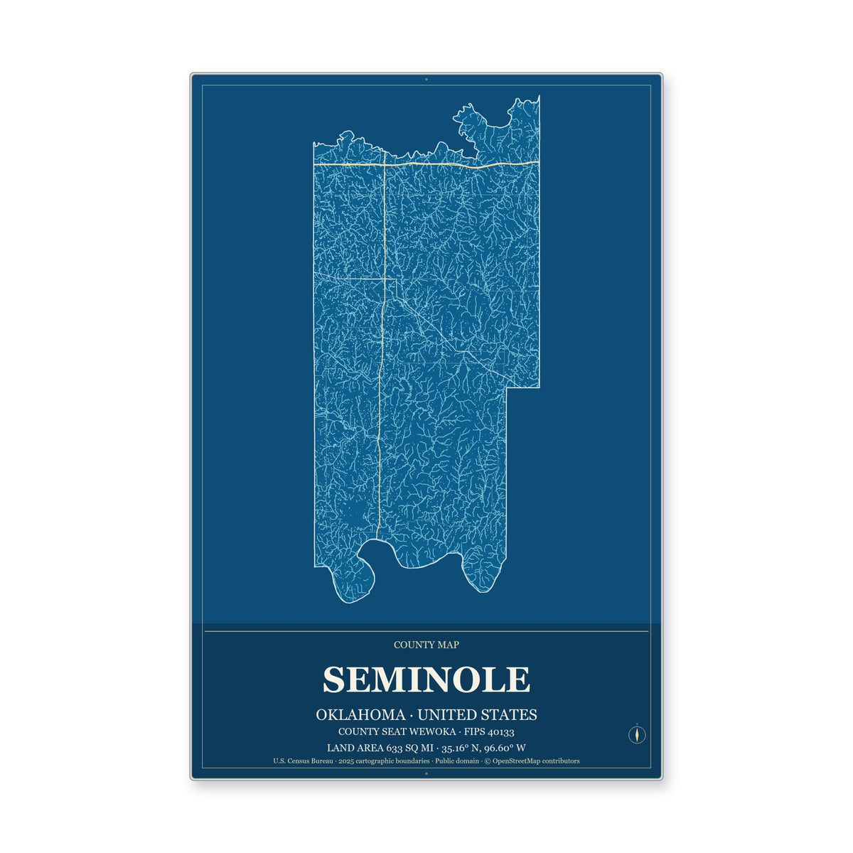 Seminole County, Oklahoma Map Aluminum Sign in Harbor Cobalt style