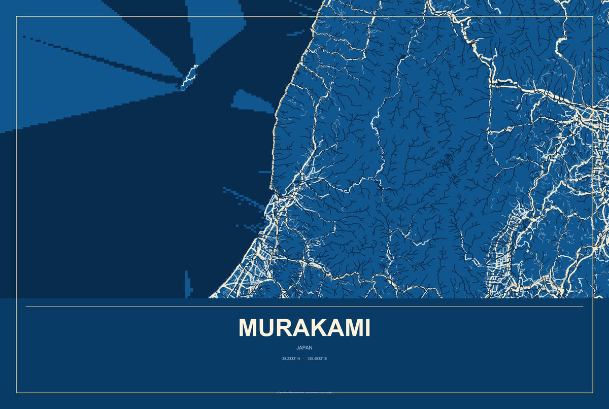 Murakami, Japan City Map Aluminum Sign in Harbor Cobalt style