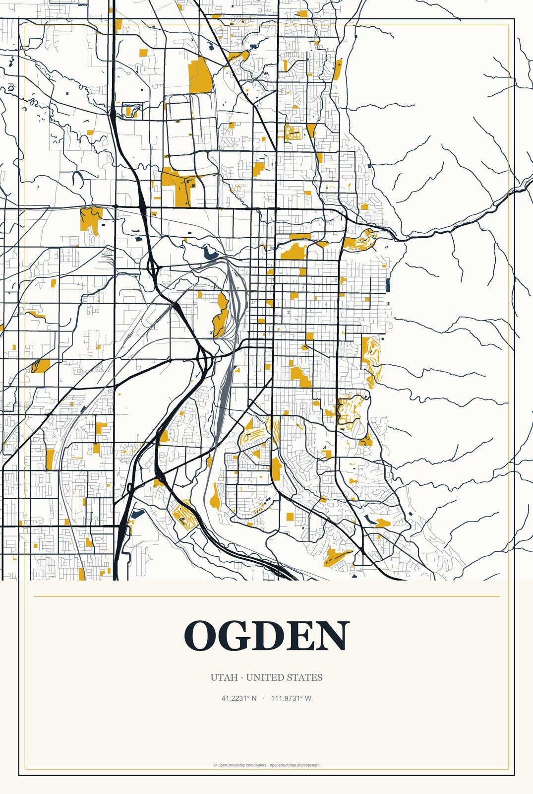 Ogden, Utah City Map Aluminum Sign in Citrine Modern style