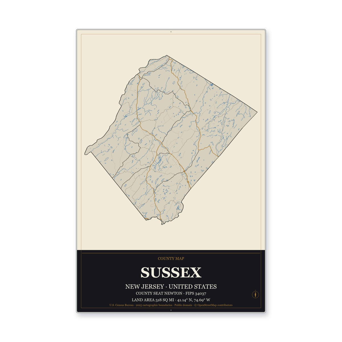 Sussex County, New Jersey Map Aluminum Sign in Museum Plaque style