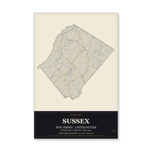Sussex County, New Jersey Map Aluminum Sign in Museum Plaque style