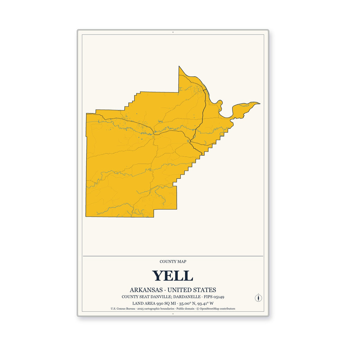 Yell County, Arkansas Map Aluminum Sign in Citrine Modern style