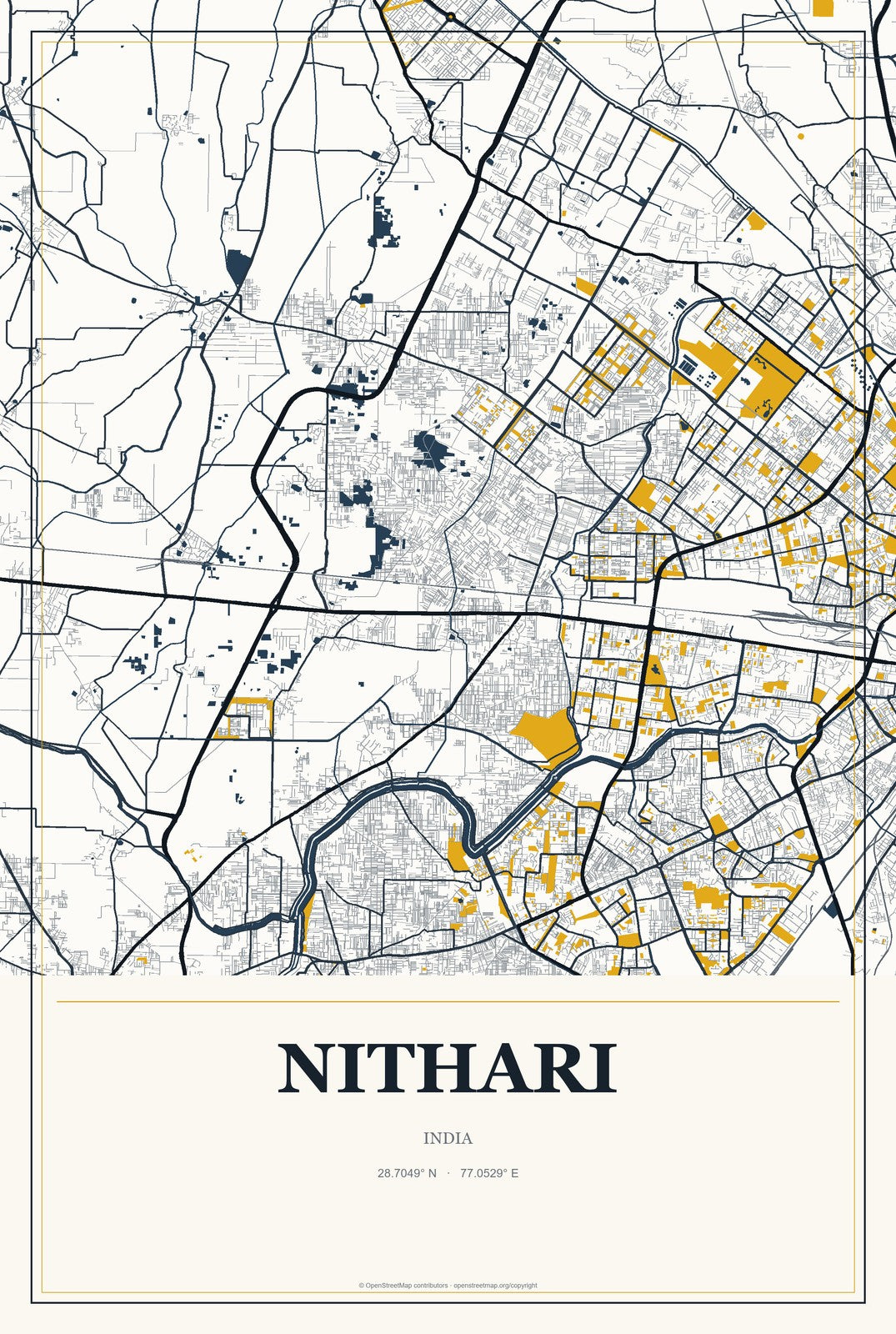 Nithari, India City Map Aluminum Sign in Citrine Modern style