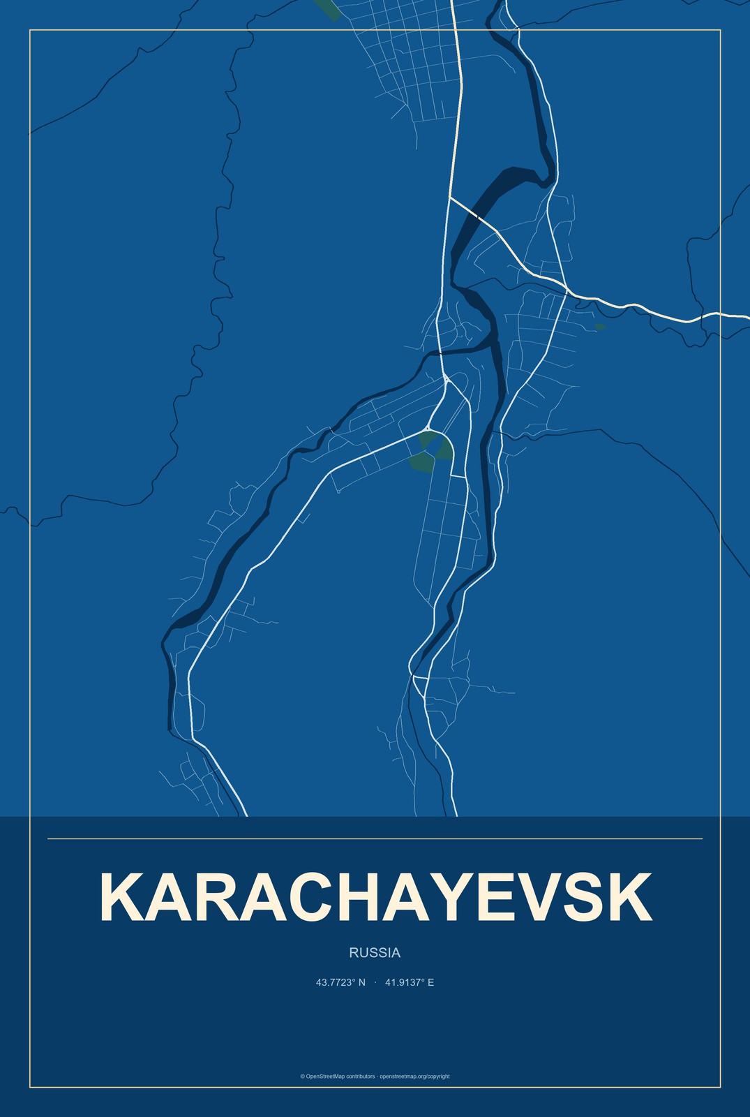 Karachayevsk, Russia City Map Aluminum Sign in Harbor Cobalt style