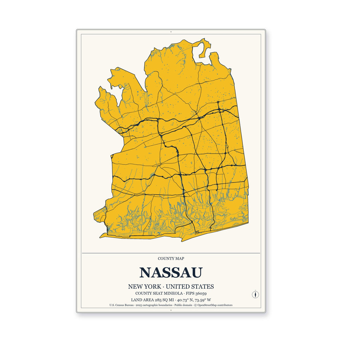 Nassau County, New York Map Aluminum Sign in Citrine Modern style
