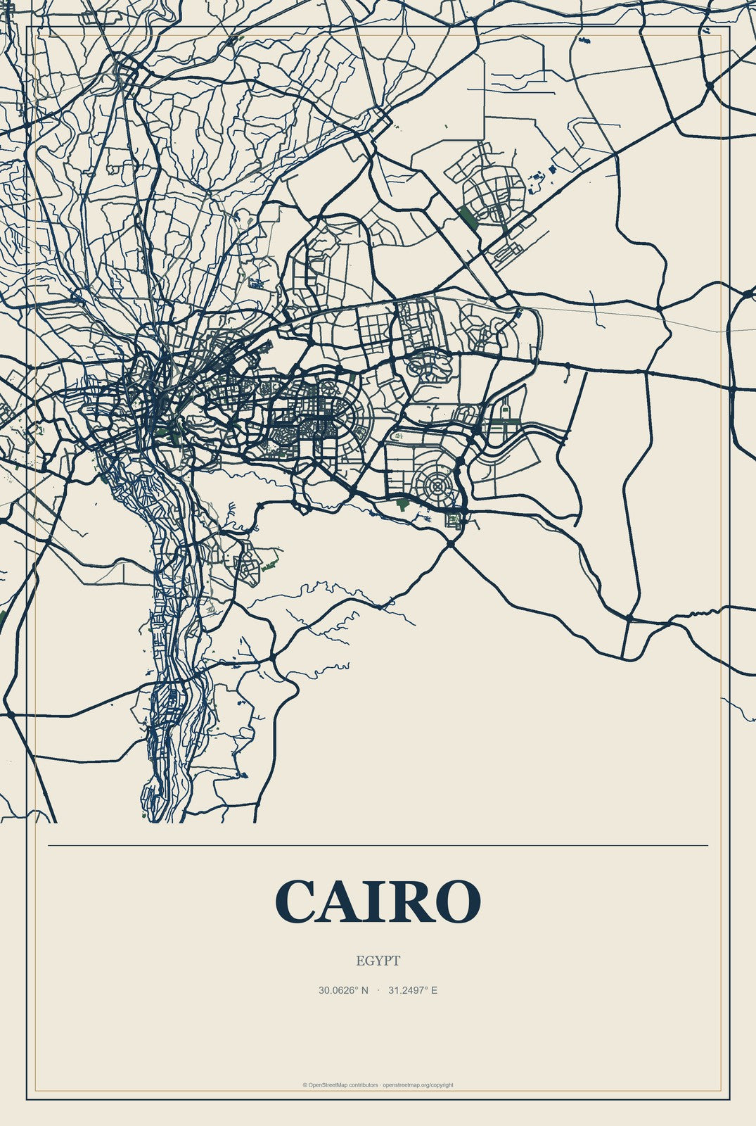 Cairo, Egypt City Map Aluminum Sign in Coastal Cutout style