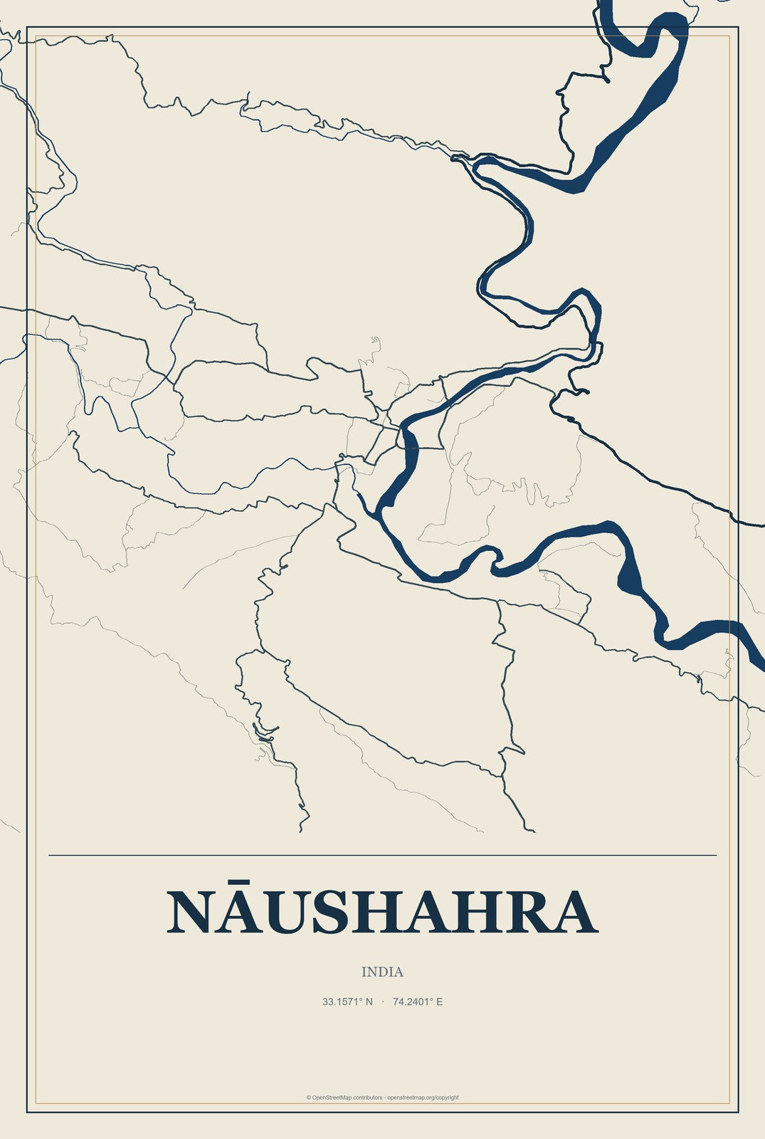Nāushahra, India City Map Aluminum Sign in Coastal Cutout style