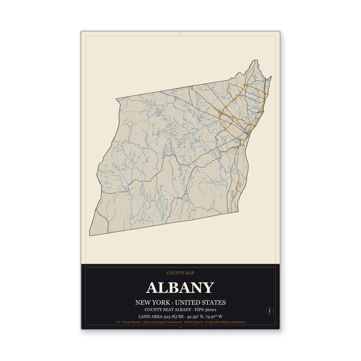 Albany County, New York Map Aluminum Sign in Museum Plaque style