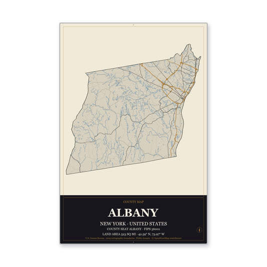 Albany County, New York Map Aluminum Sign in Museum Plaque style